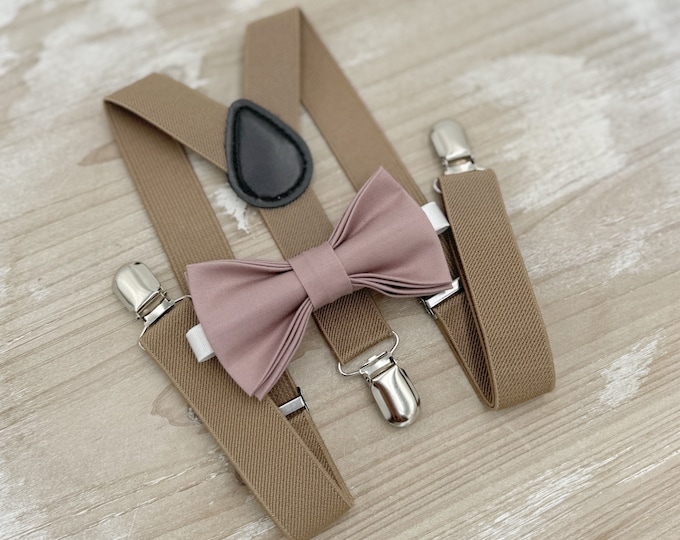 Dusty Mauve Bow tie & Suspenders, Taupe Braces, Quartz Bowtie, Pocket Square, Ring Bearer Outfit, Boho Rustic Wedding