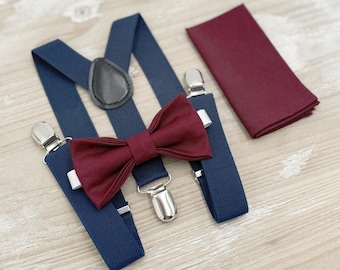 Cabernet Bow Tie & Navy Suspenders Set - Ring Bearer and Groomsman Outfit, Rustic Wedding, Wine Pocket Square, All Sizes Baby to Adult