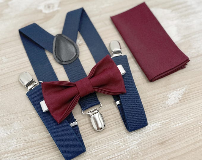 Cabernet Bow Tie & Suspenders, Wine Bowtie Set, Navy Braces, Groomsman Gift, Ring Bearer Outfit, Rustic Boho Wedding, All Sizes Men and Boys