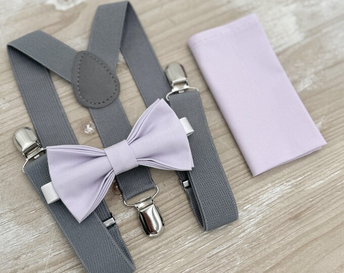 Iris Bow tie & Suspenders, Gray Braces, Pocket Square, Ring Bearer Outfit, Boho Rustic Wedding
