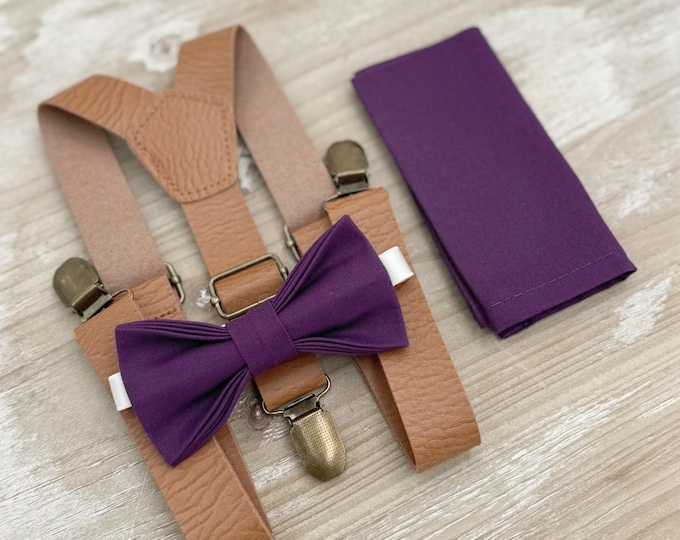 Plum Bow tie & Suspenders, Leather Light Brown Braces, Grape Bowtie, Pocket Square, Ring Bearer Outfit, Boho Rustic Wedding Set