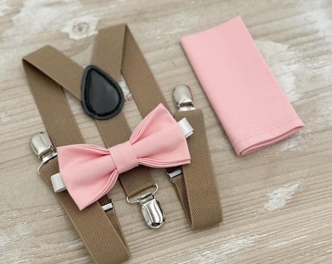 Ballet Bow tie & Suspenders | Taupe Braces | Rosette Dusty Rose Bow | Pocket Square | Ring Bearer Outfit | Boho Rustic Wedding