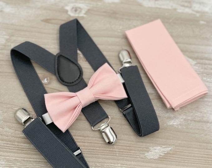 Blush Bow tie & Suspenders,Charcoal Dark Gray Braces, Petal Bow Tie, Pocket Square, Ring Bearer Outfit, Boho Wedding