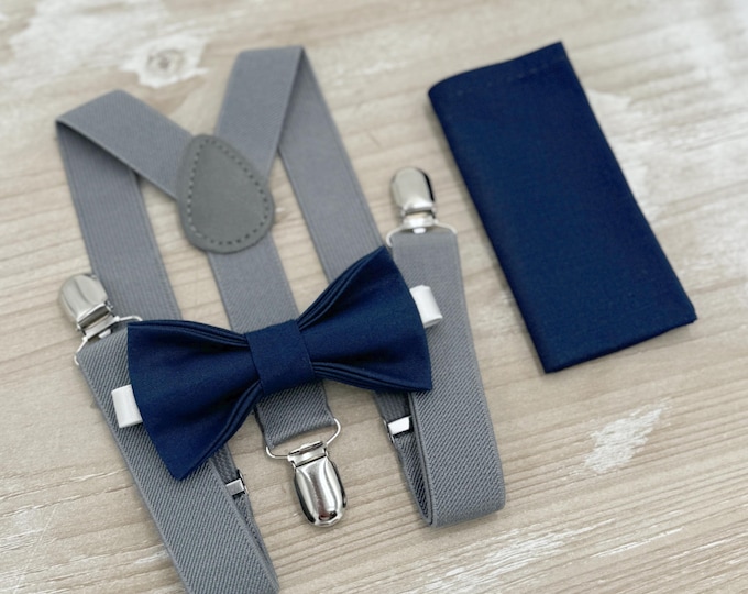 Navy Bow tie & Suspenders | Gray Braces | Marine Blue Bowtie | Pocket Square | Ring Bearer Outfit | Boho Rustic Wedding