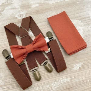 Paprika Bow Tie & Brown X - Back Suspenders Set - Ring Bearer Groomsman Wedding Outfit, Terracotta Pocket Square, All Sizes Baby to Adult