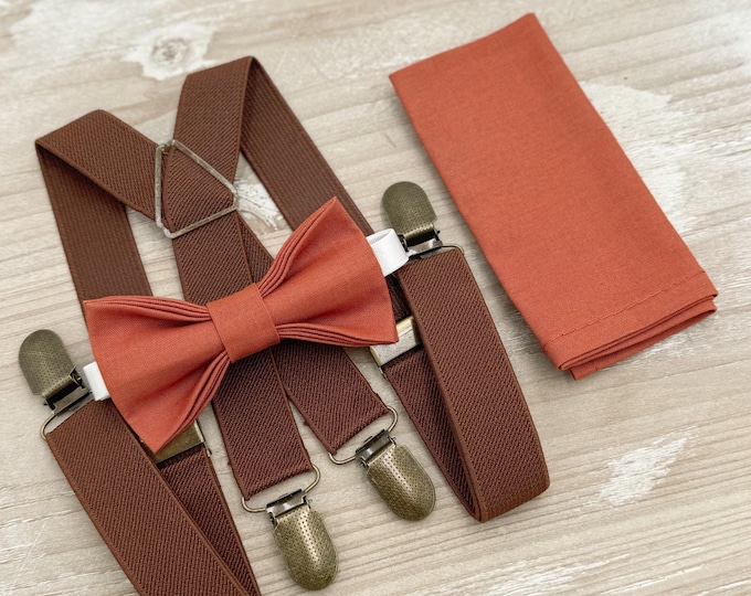 Paprika Bow Tie & Brown X - Back Suspenders Set - Ring Bearer Groomsman Wedding Outfit, Terracotta Pocket Square, All Sizes Baby to Adult