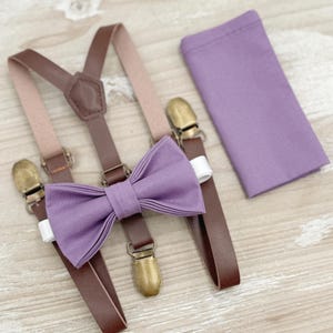 Dark Wisteria Bow tie & Suspenders | Skinny Leather Braces | Pocket Square | Ring Bearer Outfit | Boho Rustic Wedding