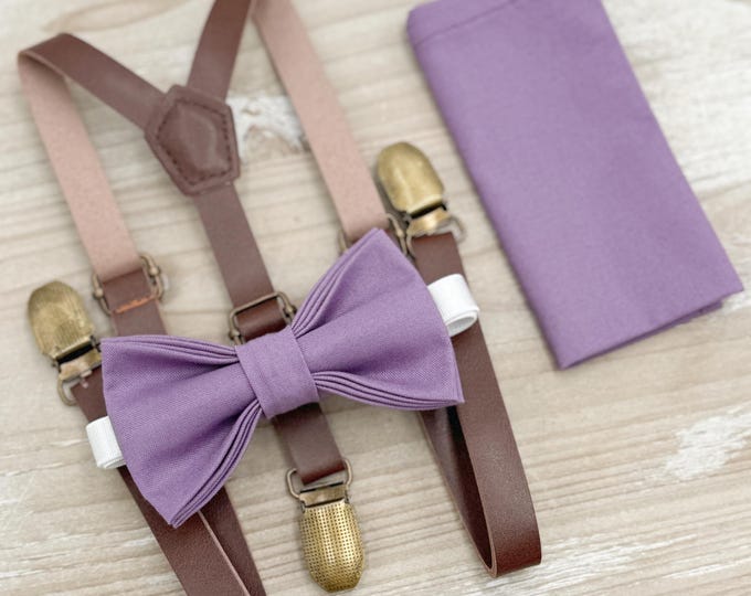 Dark Wisteria Bow tie & Suspenders | Skinny Leather Braces | Pocket Square | Ring Bearer Outfit | Boho Rustic Wedding