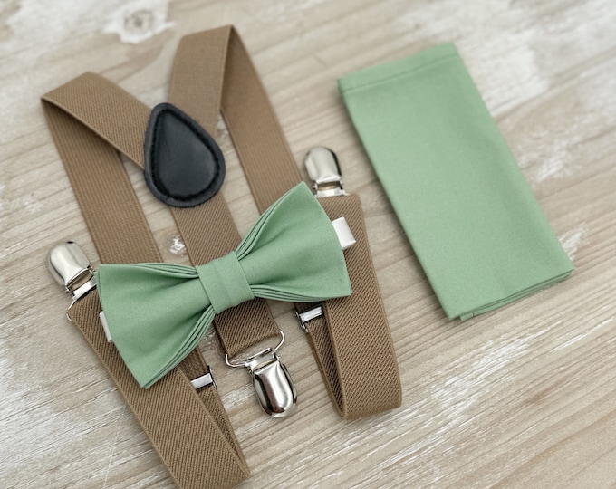 Matcha Bow tie & Suspenders, Taupe Braces, Sage Meadow Green Bow, Pocket Square, Ring Bearer Outfit, Boho Rustic Wedding