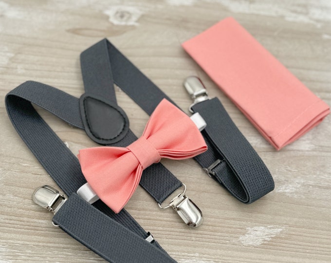 Coral Bow tie & Suspenders | Charcoal Dark Gray Braces | Salmon Bow Tie | Pocket Square | Ring Bearer Outfit | Boho Wedding | Groomsman Gift