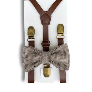Herringbone Woolen Bow Tie & Skinny Leather Suspenders , Rustic Men&#39;s bow tie , Boy&#39;s Ring Bearer gift , Groomsmen outfit  , Wedding set