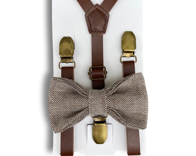 Herringbone Woolen Bow Tie & Skinny Leather Suspenders , Rustic Men's bow tie , Boy's Ring Bearer gift , Groomsmen outfit  , Wedding set