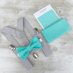 Spa Bow Tie & Gray Suspenders - Ring Bearer Groomsman Outfit, Rustic Wedding, Cotton Pocket Square, All Sizes Baby to Adult