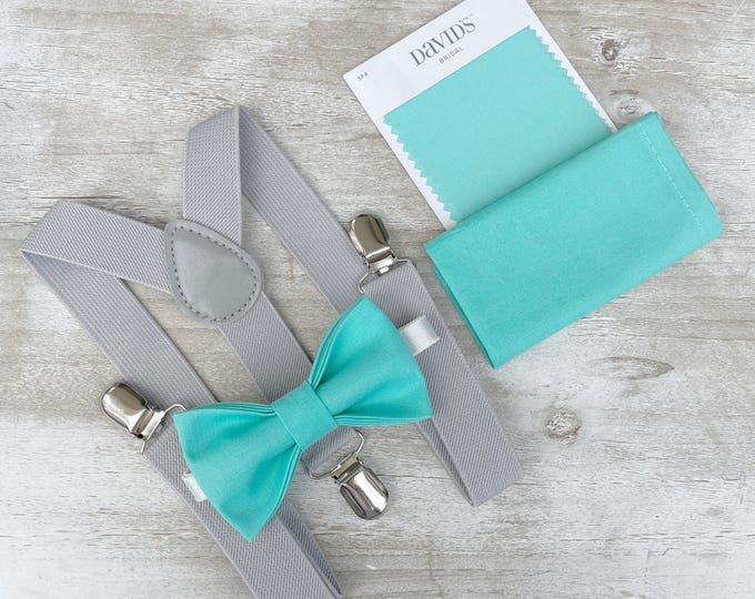Spa Bow tie & Suspenders, Light Gray Braces, Pocket Square, Ring Bearer Outfit, Rustic Boho Wedding, Groomsman Gift