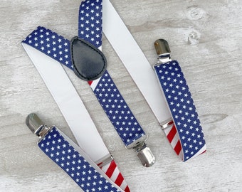 Flag Suspenders, Patriotic Gift, USA Braces, Navy Blue Red Suspenders, Stars Stripes Costume, 4th July Braces