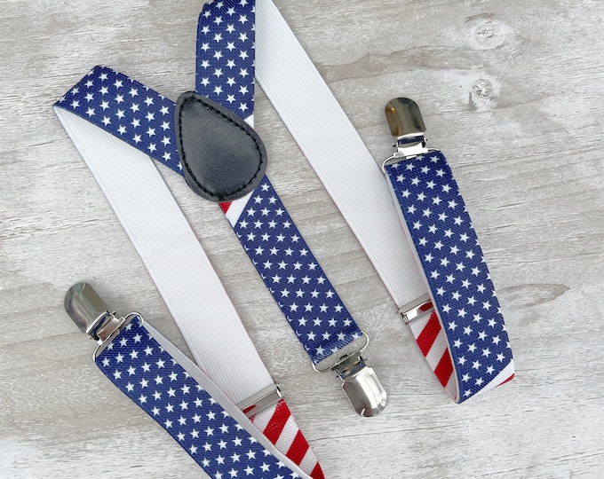 Flag Suspenders, Patriotic Gift, USA Braces, Navy Blue Red Suspenders, Stars Stripes Costume, 4th July Braces