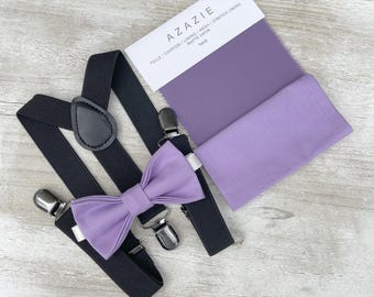 Tahiti Bow Tie & Black Suspenders Set - Ring Bearer and Groomsman Outfit, Rustic Wedding, Purple Pocket Square, All Sizes Baby to Adult