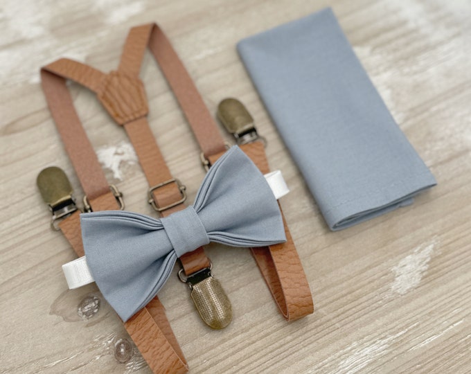 Dusty Blue Bow Tie & Suspenders – All Sizes for Boys and Men, Skinny Leather Braces, Pocket Square, Ring Bearer, Boho Rustic Wedding