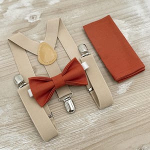 Paprika Bow Tie & Champagne Suspenders Set - Ring Bearer and Groomsman Outfit, Rustic Wedding, Pocket Square, All Sizes Baby to Adult