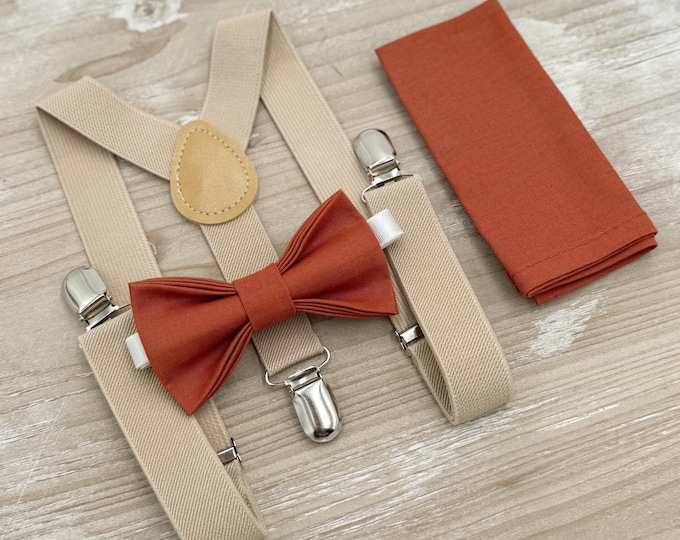 Paprika Bow Tie & Champagne Suspenders Set - Ring Bearer and Groomsman Outfit, Rustic Wedding, Pocket Square, All Sizes Baby to Adult