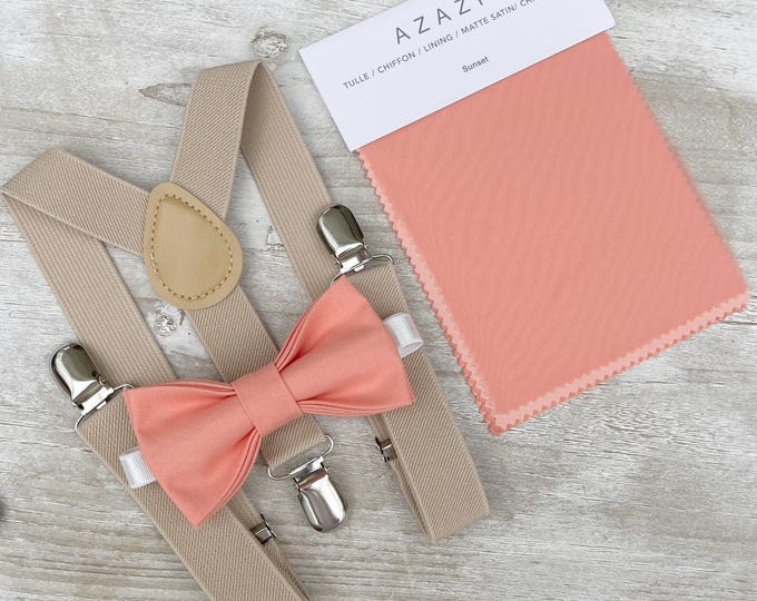 Sunset Coral Bow Tie & Champagne Suspenders Set - Ring Bearer and Groomsman Outfit, Rustic Wedding, Pocket Square, All Sizes Baby to Adult