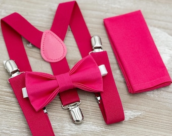 Fuchsia Bow Tie & Suspenders Set - Ring Bearer and Groomsman Outfit, Rustic Wedding, Begonia Pocket Square, All Sizes Baby to Adult