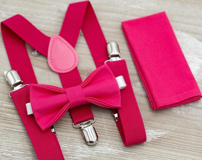 Fuchsia Bow Tie & Suspenders Set - Ring Bearer and Groomsman Outfit, Rustic Wedding, Begonia Pocket Square, All Sizes Baby to Adult