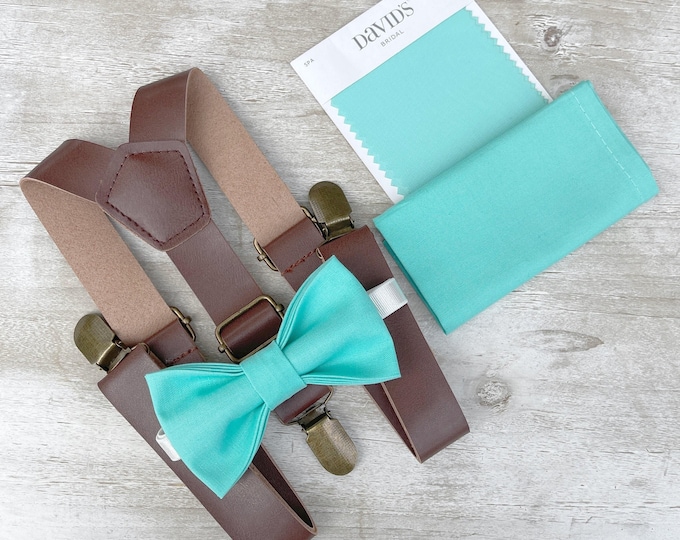 Spa Bow tie & Suspenders, Vegan Leather Braces, Pocket Square, Ring Bearer Outfit, Rustic Boho Wedding, Groomsman Gift