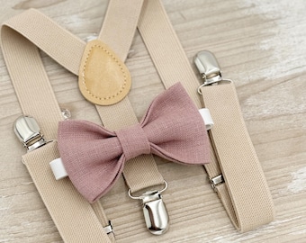 Linen Dusty Rose Bow Tie & Champagne Suspenders Set - Ring Bearer and Groomsman Outfit, Rustic Wedding, All Sizes Baby to Adult