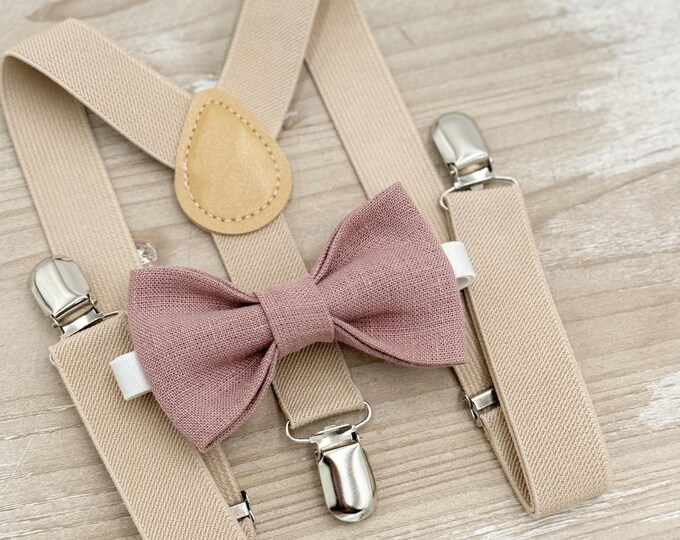 Linen Dusty Rose Bow Tie & Champagne Suspenders Set - Ring Bearer and Groomsman Outfit, Rustic Wedding, All Sizes Baby to Adult