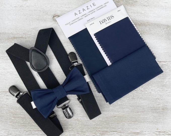 Navy Blue Bow Tie & Black Suspenders Set - Ring Bearer and Groomsman Outfit, Rustic Wedding, Pocket Square, All Sizes Baby to Adult