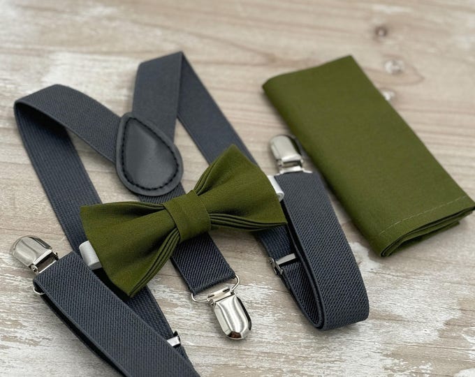 Olive Bow tie & Suspenders, Charcoal Dark Gray Braces, Pocket Square, Ring Bearer Outfit, Boho Rustic Wedding, Groomsman Gift