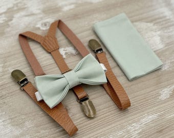 Dusty Sage Bow Tie & Skinny Leather Suspenders Set - Ring Bearer and Groomsman Outfit, Wedding Pocket Square, All Sizes Baby to Adult