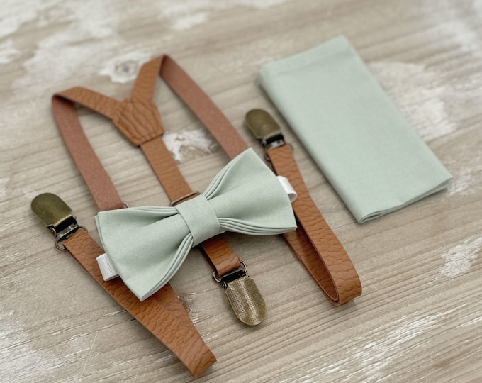 Dusty Sage Bow tie & Suspenders, Skinny Vegan Leather Suspenders, Pocket Square, Ring Bearer Outfit, Boho Wedding Set
