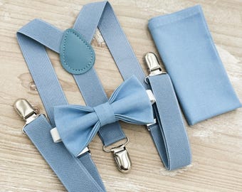 Steel Blue Bow Tie & Suspenders – Ring Bearer Outfit, All Sizes Baby to Adult, Groomsman Wedding Gift, Pocket Square, Dusty Blue Braces