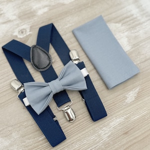 Dusty Blue Bow Tie and Suspenders Set – All Sizes for Men & Boys, Navy Blue Braces, Pocket Square, Ring Bearer, Boho Rustic Wedding