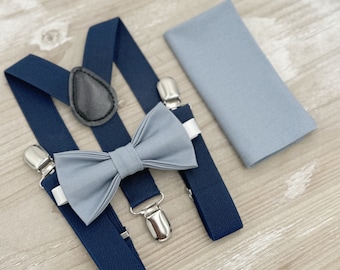 Dusty Blue Bow Tie and Suspenders Set – All Sizes for Men & Boys, Navy Blue Braces, Pocket Square, Ring Bearer, Boho Rustic Wedding