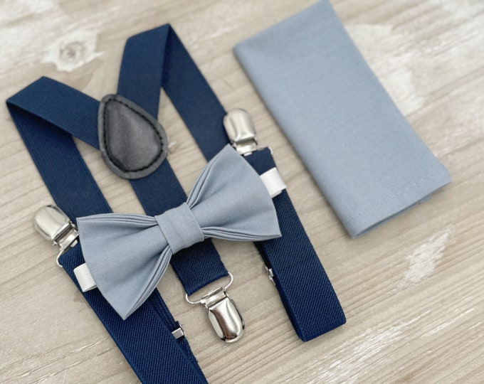 Dusty Blue Bow Tie and Suspenders Set – All Sizes for Men & Boys, Navy Blue Braces, Pocket Square, Ring Bearer, Boho Rustic Wedding