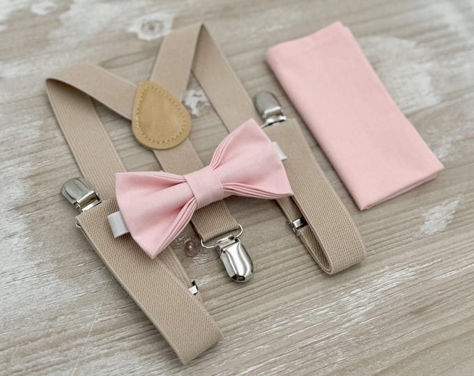 Blush Bow tie & Suspenders | Champagne Tan Braces, Petal Bow Tie, Pocket Square, Ring Bearer Outfit, Boho Wedding