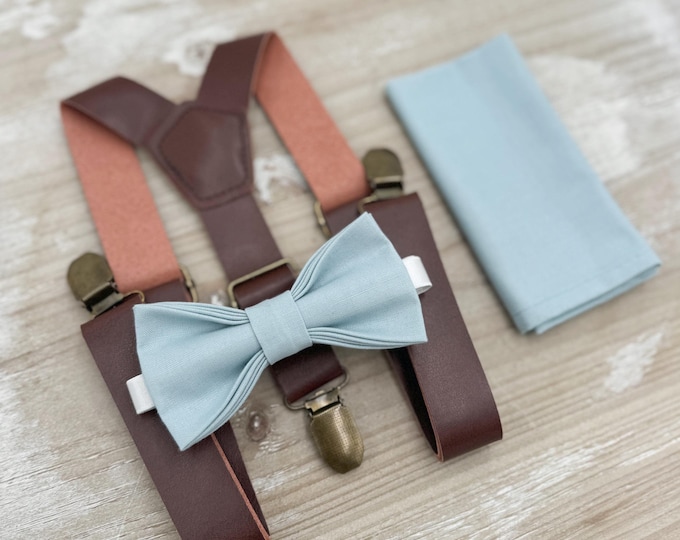 Mist Bow tie & Suspenders, Leather Braces, Sky Blue Bow, Dusty Blue Bowtie, Pocket Square, Ring Bearer Outfit, Boho Rustic Wedding Set