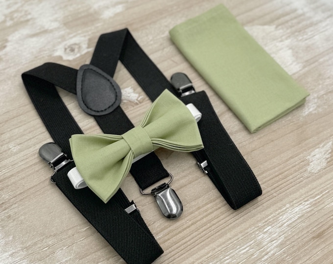 Pistachio Bow tie & Suspenders, Black Braces, Pocket Square, Ring Bearer Outfit, Boho Wedding Set
