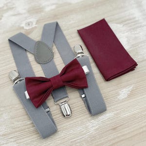 Cabernet Bow Tie & Suspenders, Wine Bowtie Set, Gray Braces, Groomsman Gift, Ring Bearer Wedding Outfit, All Sizes Men and Boys
