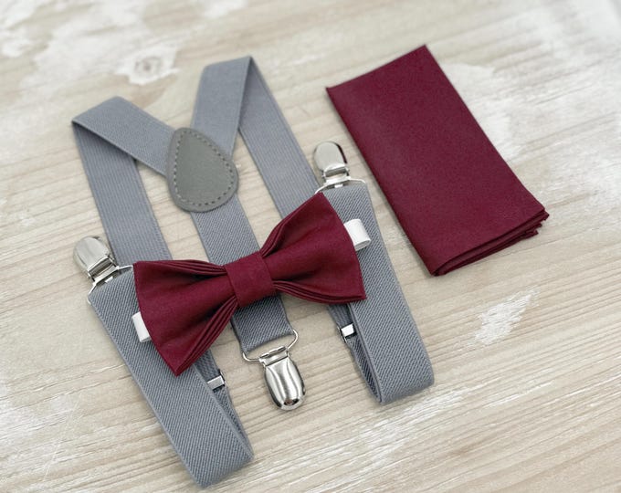 Cabernet Bow Tie & Suspenders, Wine Bowtie Set, Gray Braces, Groomsman Gift, Ring Bearer Wedding Outfit, All Sizes Men and Boys