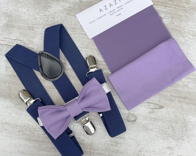 Tahiti Bow Tie & Navy Blue Suspenders - Ring Bearer and Groomsman Outfit, Rustic Wedding, Purple Pocket Square, All Sizes Baby to Adult