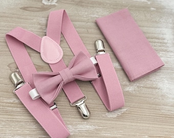 Vintage Mauve Bow Tie and Suspenders Set – All Sizes for Men and Boys, Quartz Bowtie, Pocket Square, Ring Bearer Outfit, Groomsman Gift