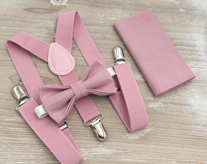 Vintage Mauve Bow Tie and Suspenders Set – All Sizes for Men and Boys, Quartz Bowtie, Pocket Square, Ring Bearer Outfit, Groomsman Gift