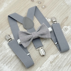Linen Gray Bow Tie & Suspenders Set - Ring Bearer and Groomsman Outfit, Rustic Wedding, All Sizes Baby to Adult