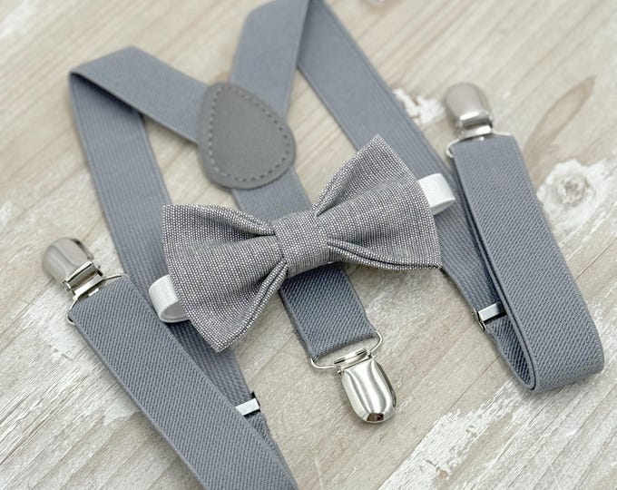Linen Gray Bow Tie & Suspenders Set - Ring Bearer and Groomsman Outfit, Rustic Wedding, All Sizes Baby to Adult