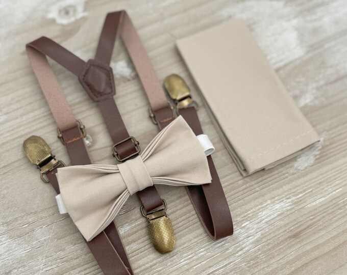 Biscotti Bow Tie & Skinny Leather Suspenders – Toddler to Adult Sizes, Ring Bearer Outfit, Groomsman Wedding Set, Rustic Boho Pocket Square