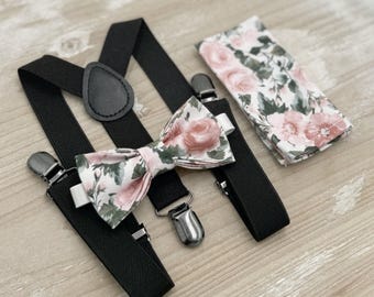 Floral Bow tie & Suspenders, Black Braces, Dusty Rose Bow Tie, Pocket Square, Ring Bearer Outfit, Boho Wedding, Groomsman Gift